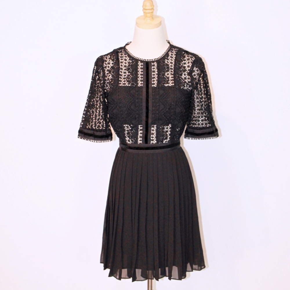 REISS Athena Lace Top Bodice Pleated A-Line Skirt Little Black Dress Size (0)